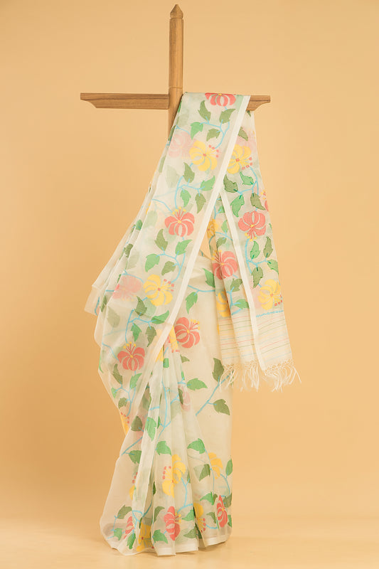 Hand Made Jamdani Saree With Cotton White - 047