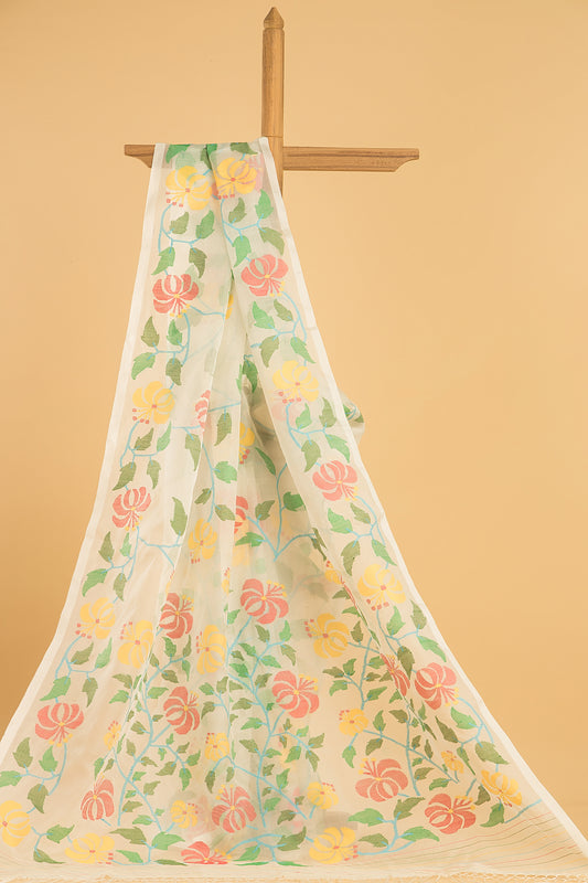 Hand Made Jamdani Saree With Cotton White - 047