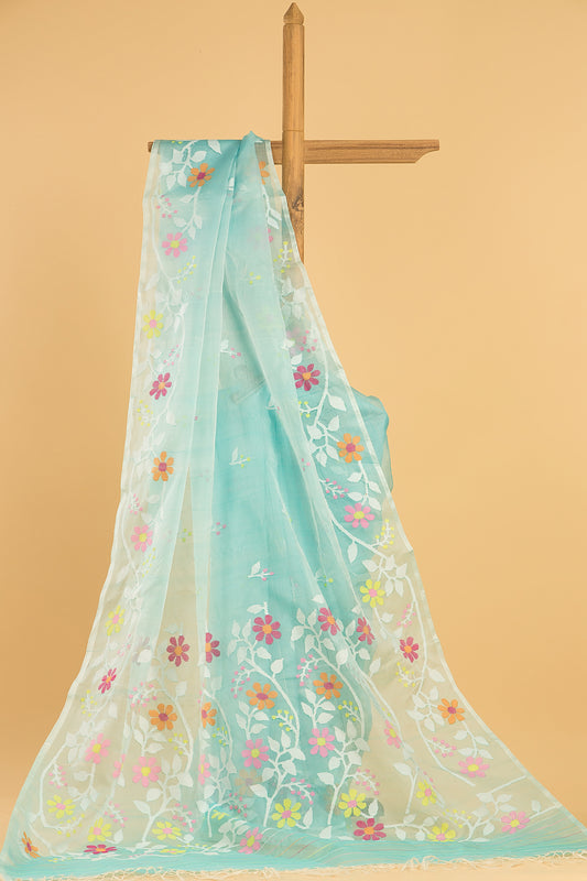 Hand Made Jamdani Floral Saree With Ocean Blue - 072