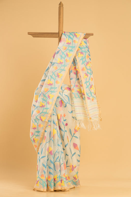 Hand Made Jamdani Saree With Lace White - 046