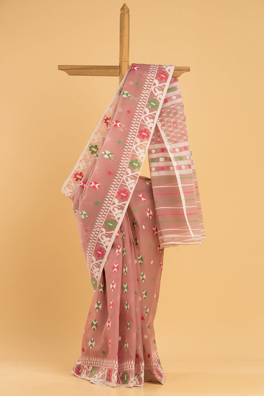 Hand Made Jamdani Saree With Light Pink - 099
