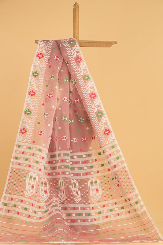 Hand Made Jamdani Saree With Light Pink - 099