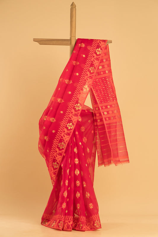 Hand Made Jamdani Saree With Classic Red - 101
