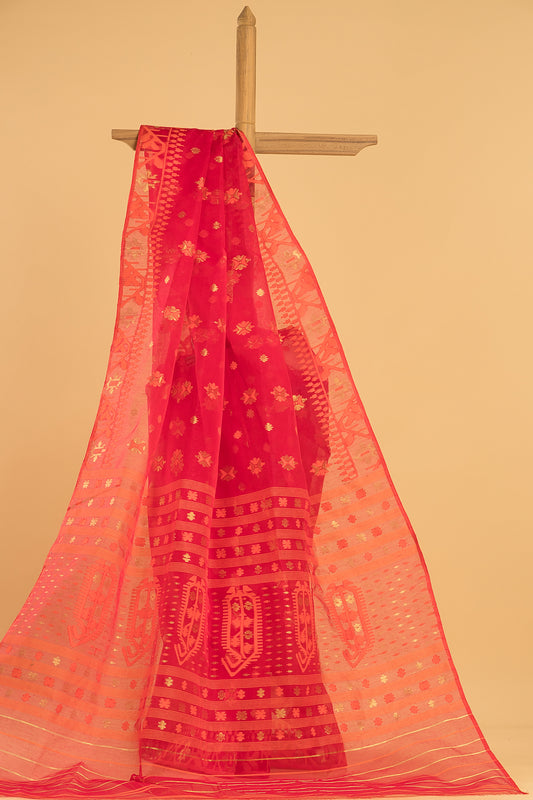 Hand Made Jamdani Saree With Classic Red - 101