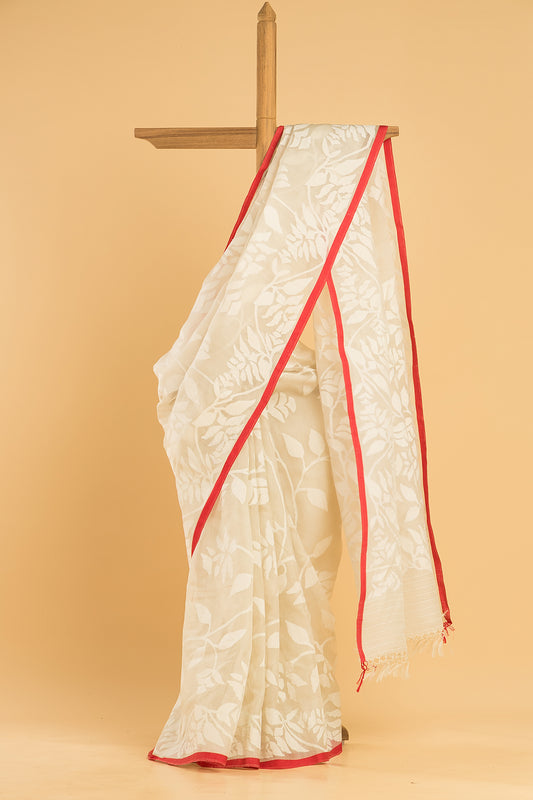 Hand Made Jamdani Saree With Powder White - 071