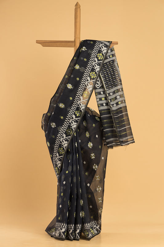 Hand Made Jamdani Saree With Rich Black - 093