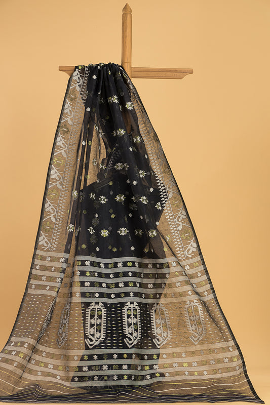 Hand Made Jamdani Saree With Rich Black - 093