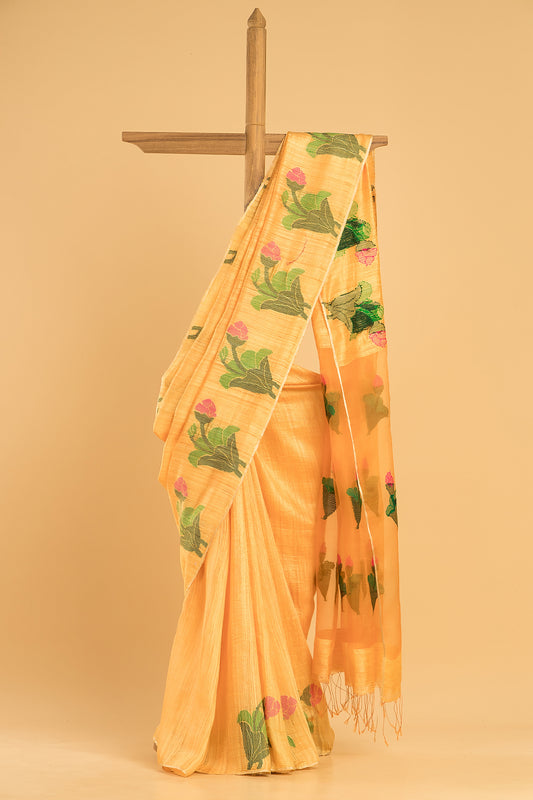 Hand Made Jamdani Saree With Mustard Yellow - 075