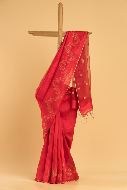 Hand Made Jamdani Saree With Classic Red - 076