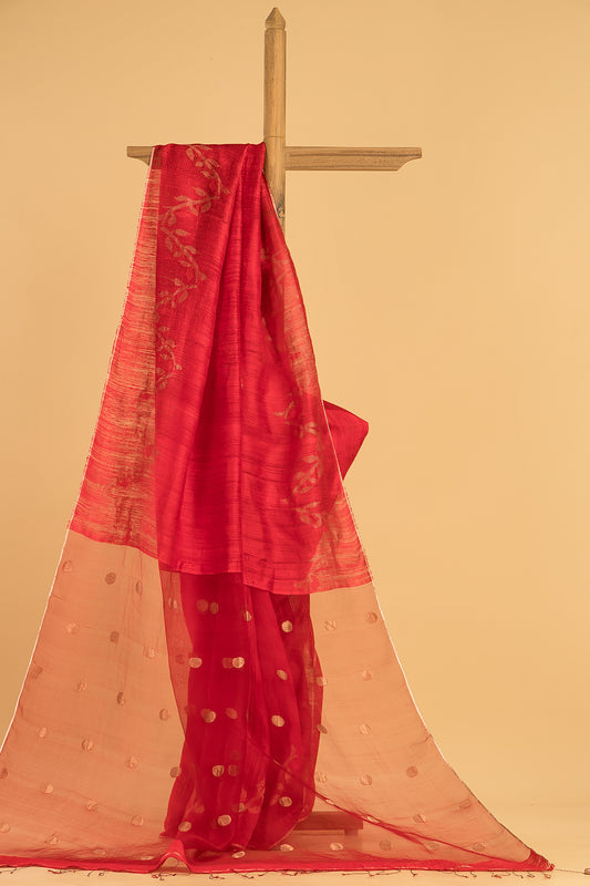 Hand Made Jamdani Saree With Classic Red - 076