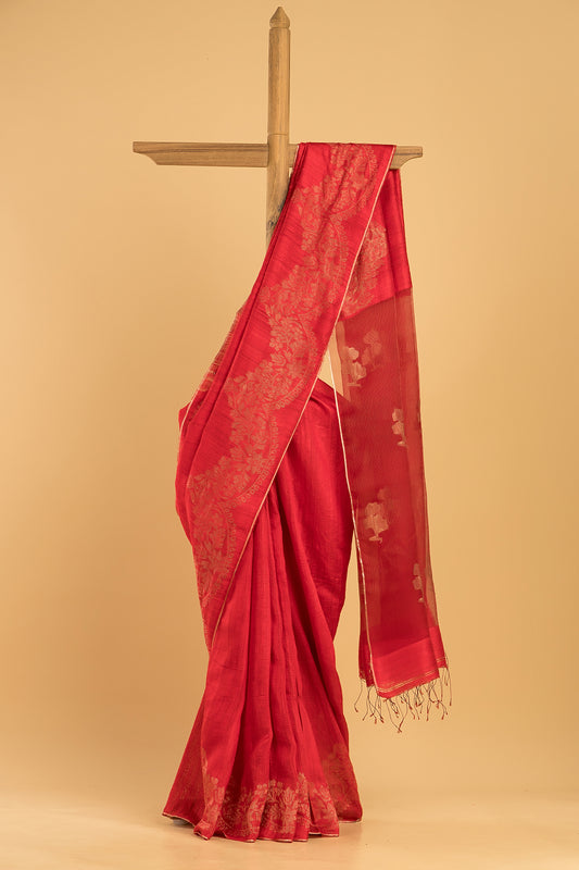Hand Made Jamdani Saree With Passion Red - 078