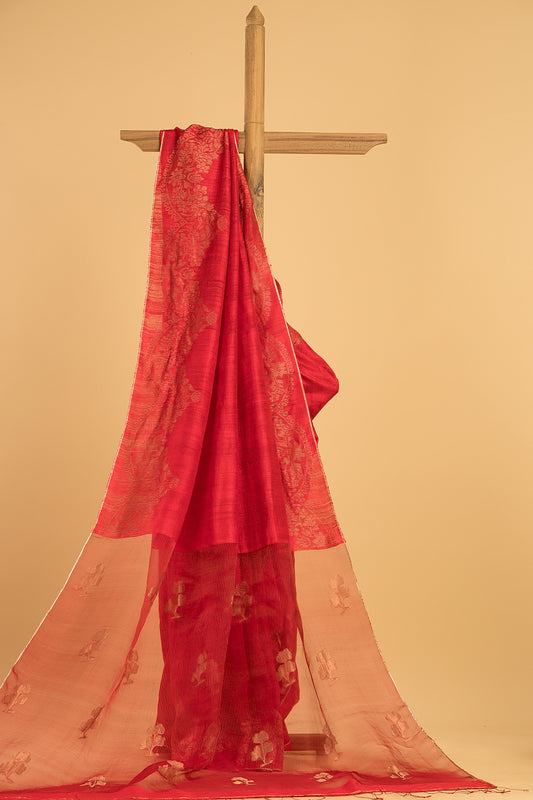 Hand Made Jamdani Saree With Passion Red - 078