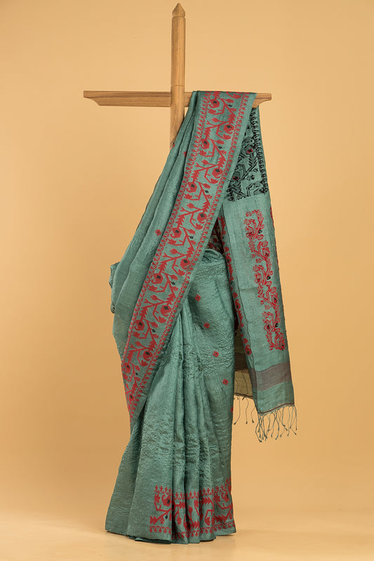 Hand Made Jamdani Saree With Persian Green - 079
