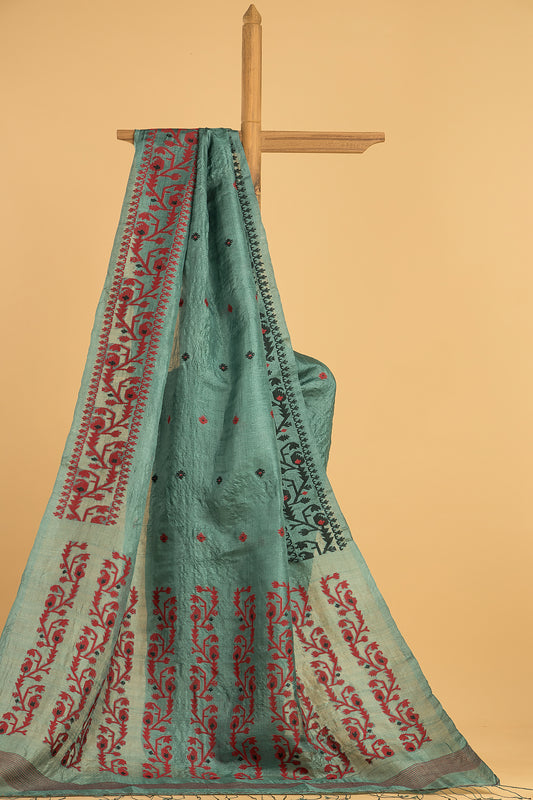 Hand Made Jamdani Saree With Persian Green - 079