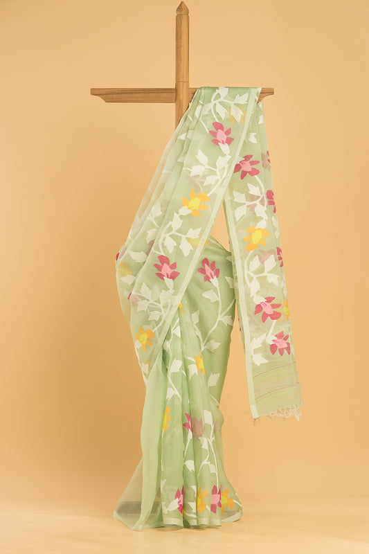 Hand Made Jamdani Saree With Aqua Green - 070