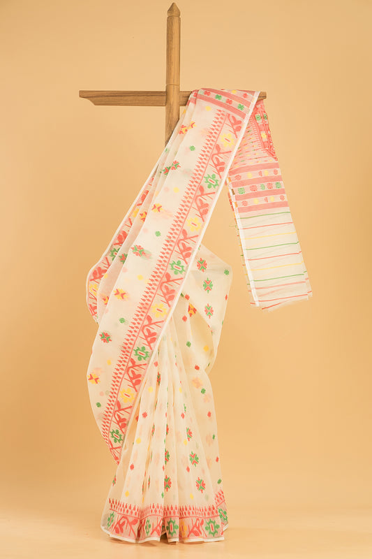 Hand Made Jamdani Saree With Ivory White - 083