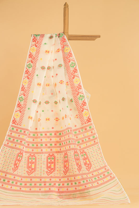 Hand Made Jamdani Saree With Ivory White - 083