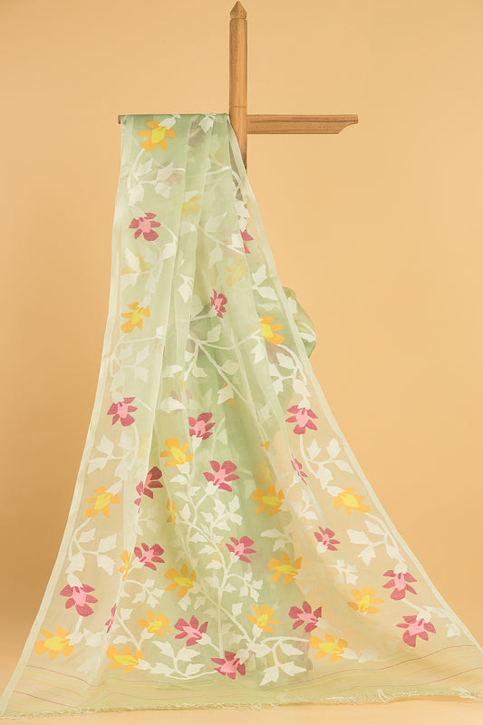 Hand Made Jamdani Saree With Aqua Green - 070