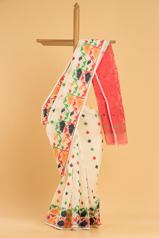 Hand Made Jamdani Saree With Shell White - 084