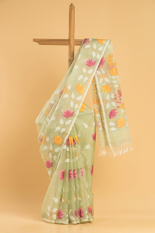 Hand Made Jamdani Saree With Pastel Green - 045