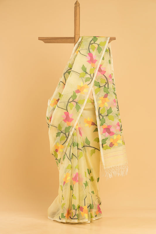 Hand Made Jamdani Saree With Corn Yellow - 069