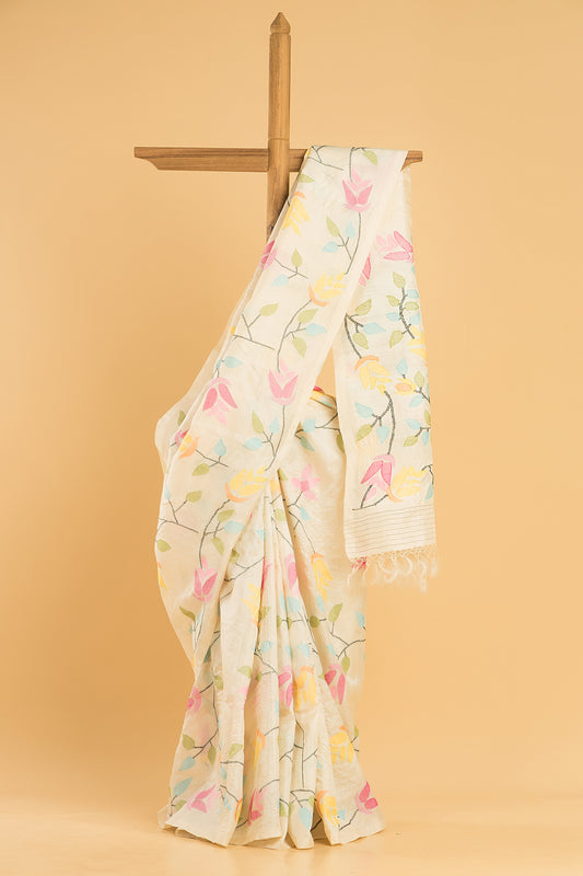 Hand Made Jamdani Saree With Pearl White - 042