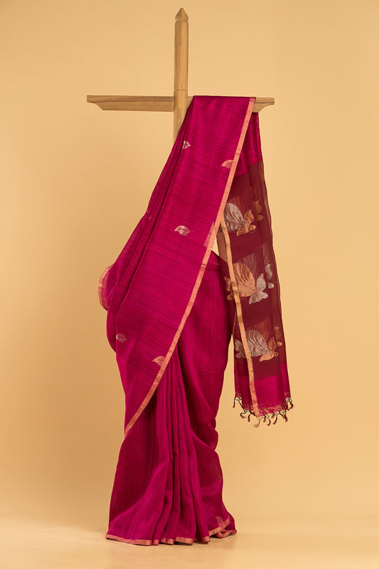 Hand Made Jamdani Saree With Rose Red - 088