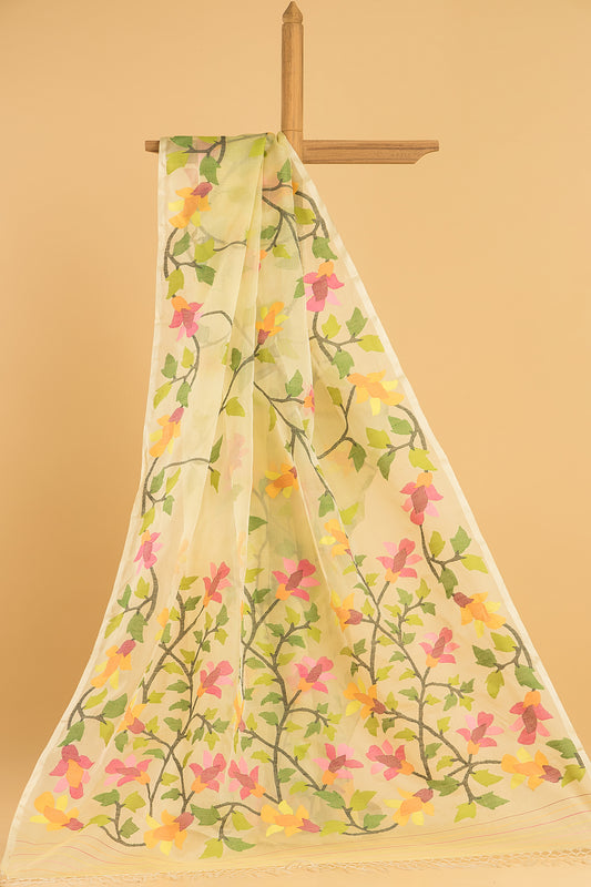 Hand Made Jamdani Saree With Corn Yellow - 069