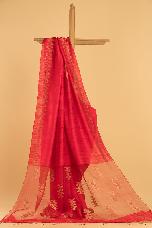 Hand Made Jamdani Saree With Imperial Red - 090