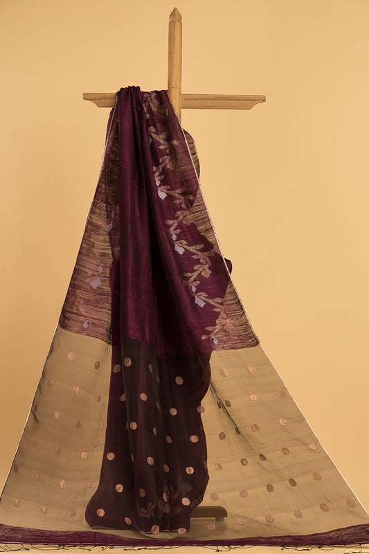 Hand Made Jamdani Saree With Deep Wine Purple - 091