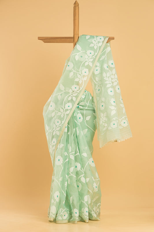 Hand Made Jamdani Saree With Pastel Green - 094