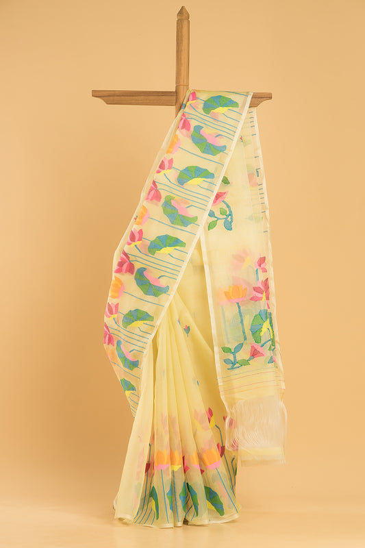 Hand Made Jamdani Saree With Light Yellow - 041