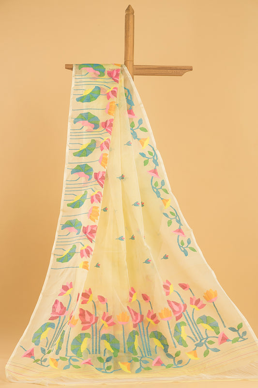 Hand Made Jamdani Saree With Light Yellow - 041