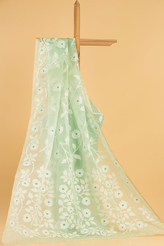 Hand Made Jamdani Saree With Pastel Green - 094