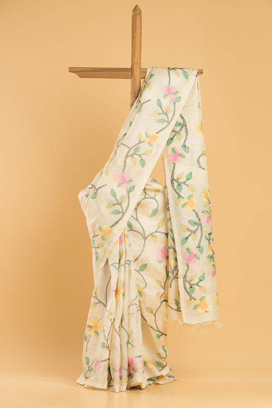 Hand Made Jamdani Saree With Linen White - 039