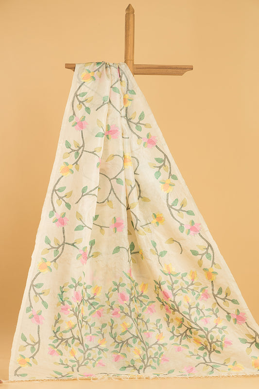 Hand Made Jamdani Saree With Linen White - 039