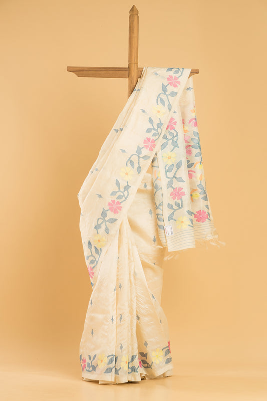 Hand Made Jamdani Saree With Cream White - 038