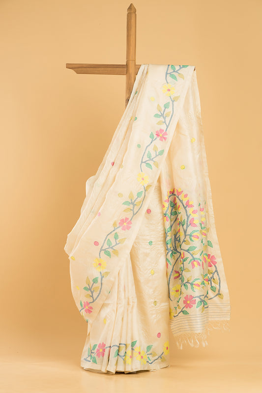 Hand Made Jamdani Saree With Lace White - 037
