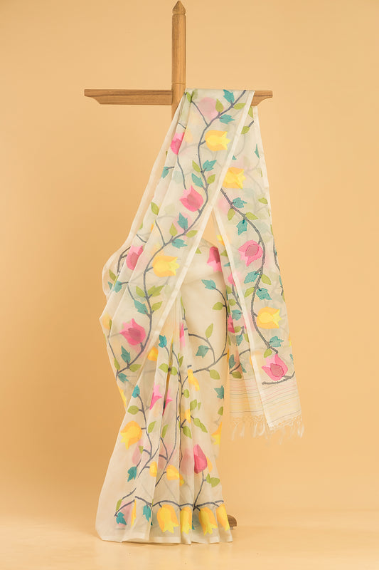 Hand Made Jamdani Saree With Ivory White - 068