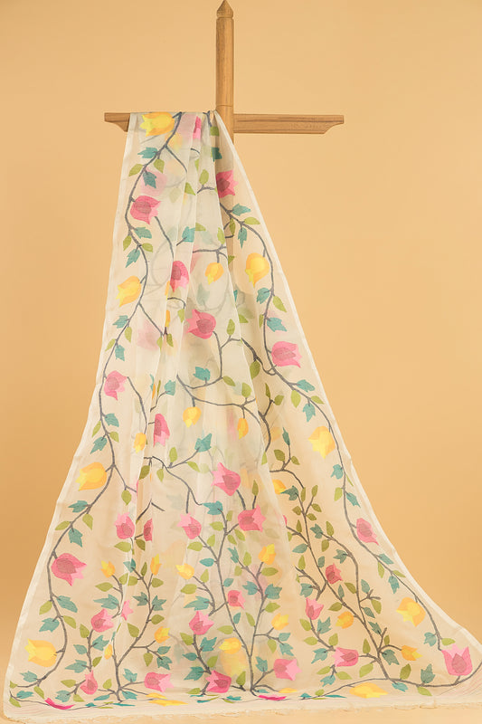 Hand Made Jamdani Saree With Ivory White - 068