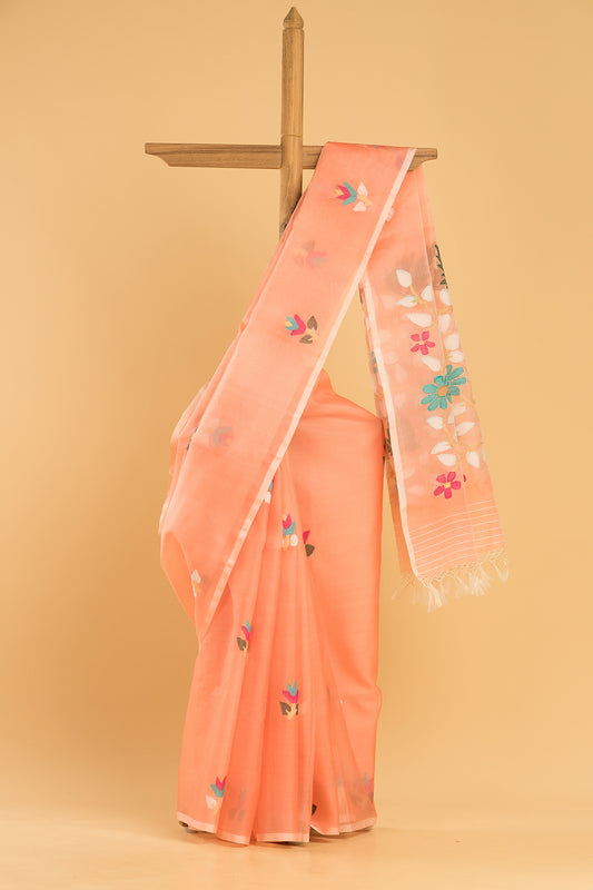 Hand Made Jamdani Saree With Coral Orange - 035