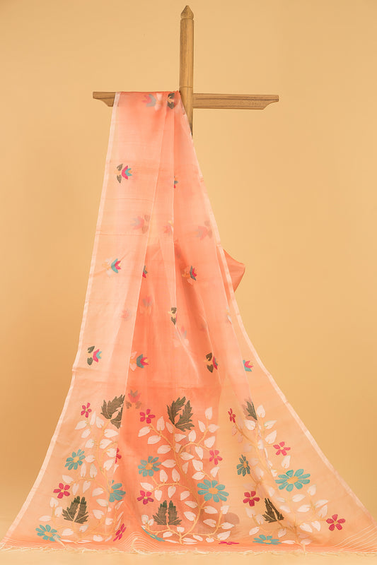 Hand Made Jamdani Saree With Coral Orange - 035