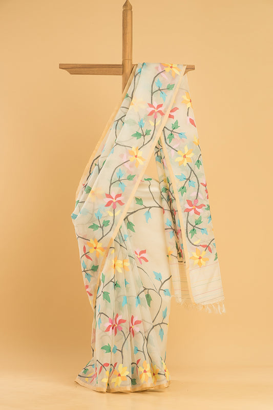 Hand Made Jamdani Saree With Snow White - 067