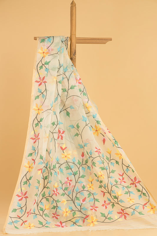 Hand Made Jamdani Saree With Snow White - 067