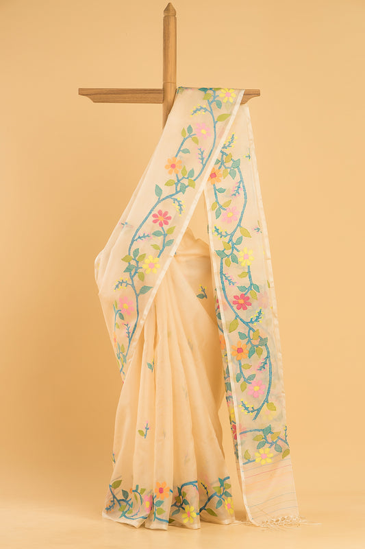 Hand Made Jamdani Saree With Cream White - 066