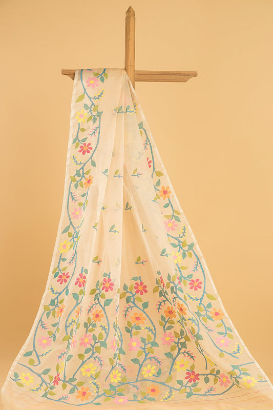 Hand Made Jamdani Saree With Cream White - 066