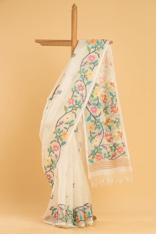 Hand Made Jamdani Saree With Linen White - 065
