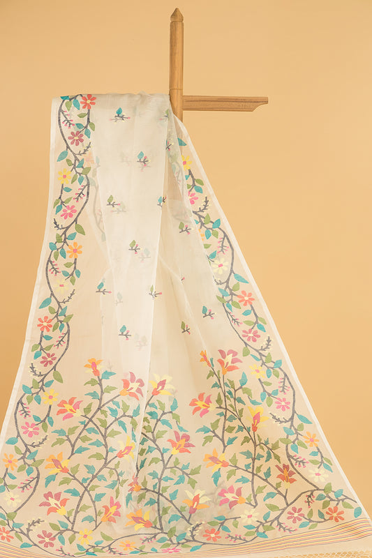 Hand Made Jamdani Saree With Linen White - 065