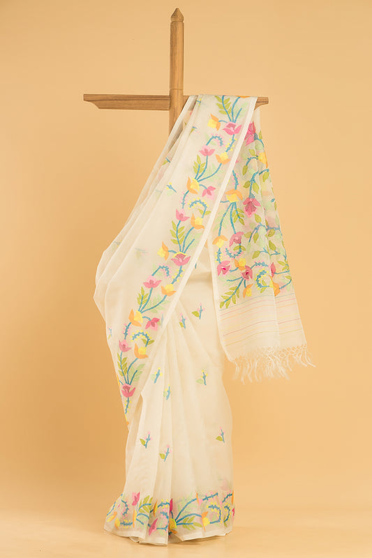 Hand Made Jamdani Saree With Snow White - 064