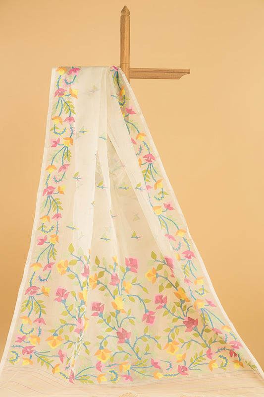 Hand Made Jamdani Saree With Snow White - 064